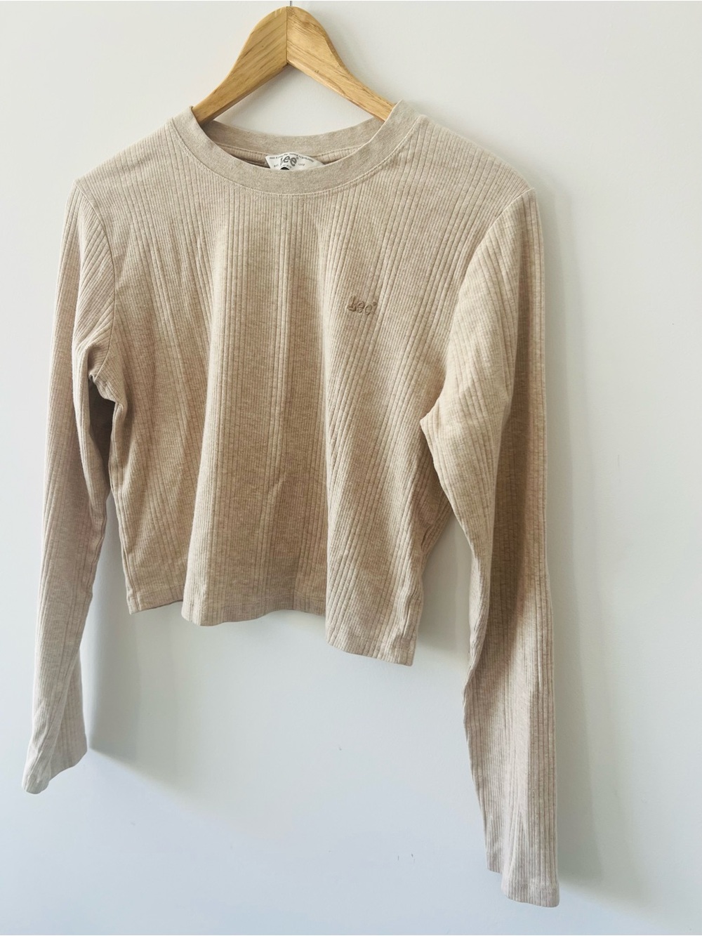 Lee Cream Beige Long Sleeve Crop Top | Preppy Fitted